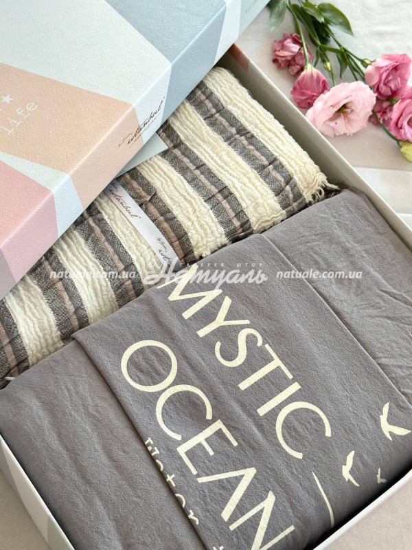 Постельное белье с покрывалом Istanbul Mystic Ocean Grey 200х220см голубой+молочный