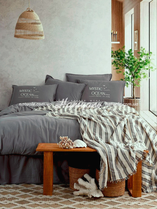 Постельное белье с покрывалом Istanbul Mystic Ocean Grey 200х220см голубой+молочный