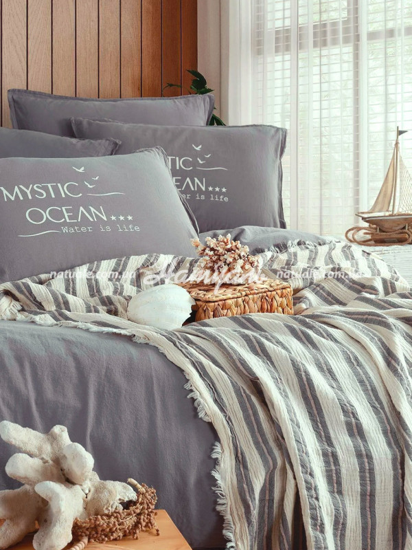 Постельное белье с покрывалом Istanbul Mystic Ocean Grey 200х220см голубой+молочный