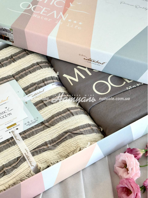 Постельное белье с покрывалом Istanbul Mystic Ocean Grey 200х220см голубой+молочный