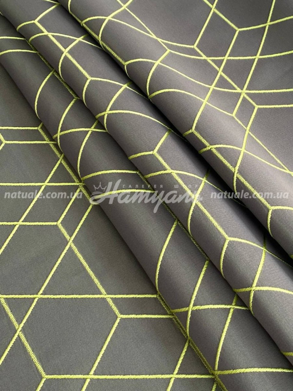 Шторы на метраж атлас Модена из салатовой вышивкой