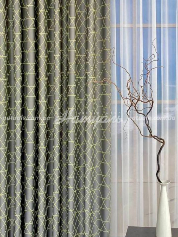 Шторы на метраж атлас Модена из салатовой вышивкой