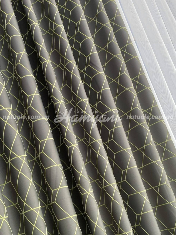 Шторы на метраж атлас Модена из салатовой вышивкой