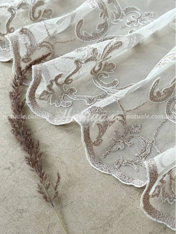 Тюль-сетка вышитый кордовой нитью Стейси молочный+какао