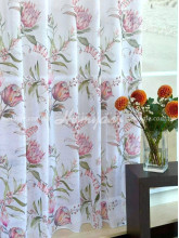 Тюль лен с печатью Протея цветы оливковый+кораловый