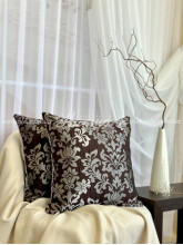 Наволочка декоративная комбинированная Вензель Дамаск Шоколад+Серебристый